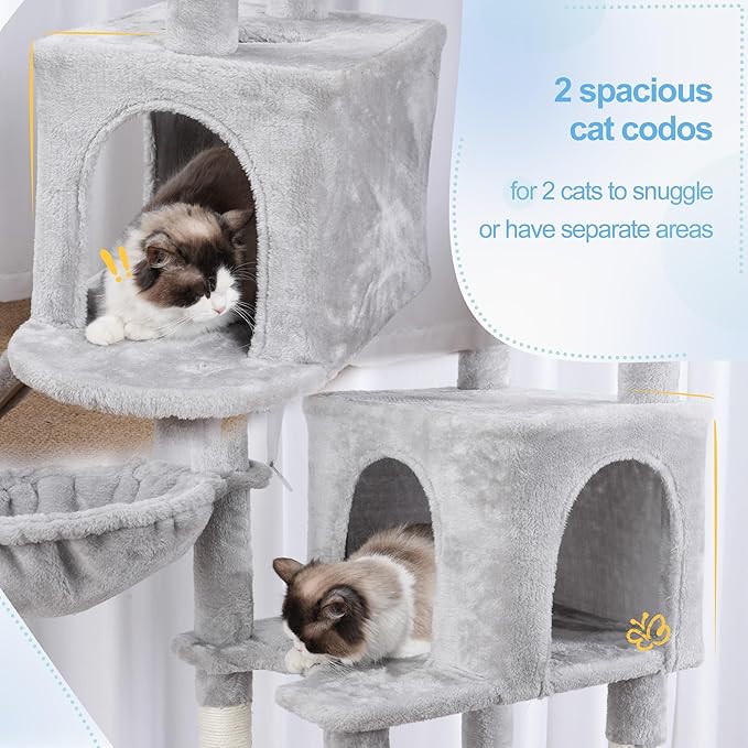 Hey-brother Cat Tree Tower, Sturdy Scratching Posts with Platform, Large Condos, Hammock, Removable Toys, Scratch Board, Multi-Level Furniture for Indoor Cats, 59.0 or 72.8 Inches, Light Gray MPJ055W