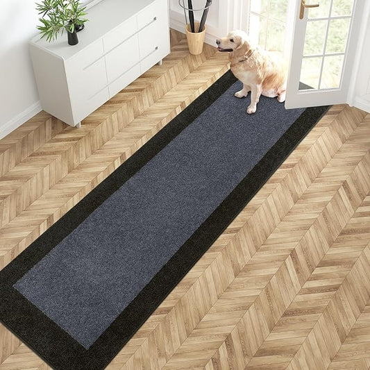 PURRUGS Dirt Trapping Door Mat 24" x 96", Non-Slip/Skid Machine Washable Entryway Rug, Shoes Scraper, Throw Rug, Super Absorbent Area Rug for Muddy Wet Shoes and Paws, Bluish Grey & Charcoal