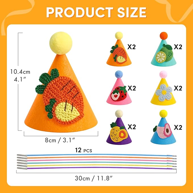 12pcs Mini Party Hats for Stuffed Animals, Small Colorful Birthday Hats with Cute Fruit Knitted Applique for Dolls Dogs Cats Rabbits, Birthday Party Decoration Supplies