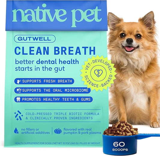 Native Pet GutWell Clean Breath - Dog Breath Freshener & Dog Dental Powder - Teeth Cleaning to Reduce Plaque & Tartar - Promotes Fresh Breath with Targeted Triple-biotic Dental Care Blend - 60 Scoops