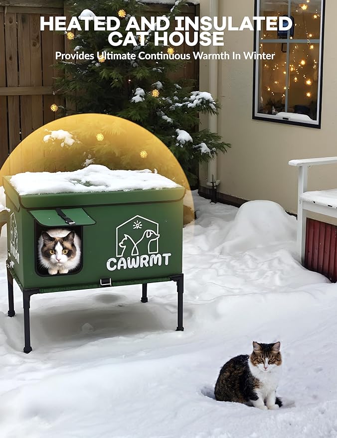 X-Large Heated Cat House for Outdoor Winter, Full-Coverage Cat House Heater, Indestructible 100% Waterproof Insulated Outside Cat Shelter for Feral Barn Cat Protection (Green, 27x18x20)