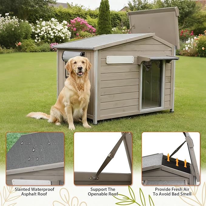 PetsCosset 40.2" L Large Dog House Outdoor & Indoor,Fir Wood Dog Kennel with Weatherproof Openable Asphalt Roof,Spacious Doghouse with Anti-Chewing Metal Edges for Small & Medium & Large Dogs,Grey