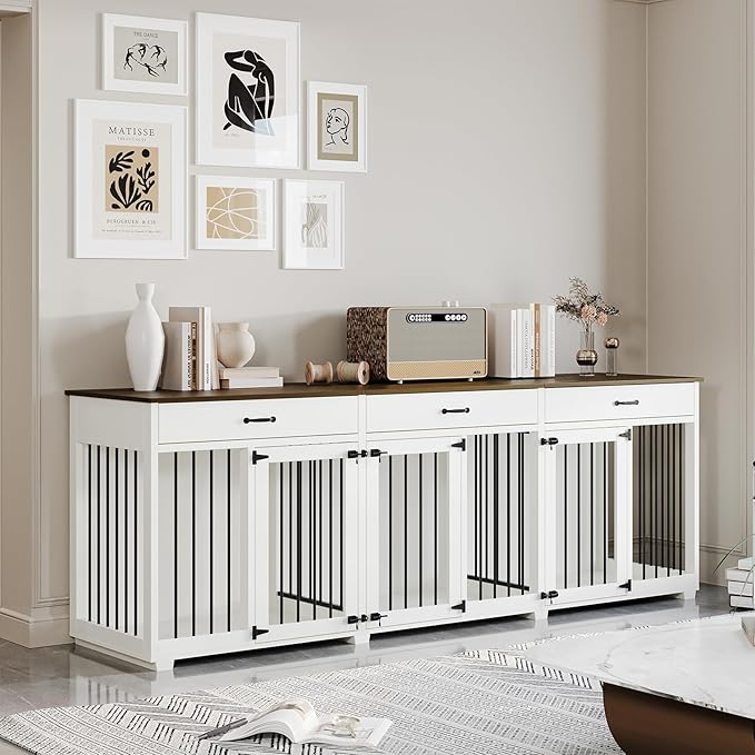 Dog Crate Furniture - Indoor Wooden Dog Kennel Crate Furniture with 2 Dividers, 3 Drawers, and 3 Lockable Doors - 95"x23.6"x31.5"H, White