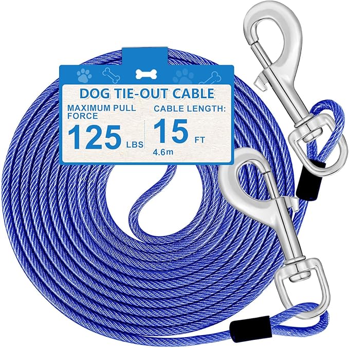 15ft Dog Tie Out Cable, Dog Leash Heavy Duty Tie Out Cable for Large Dogs Up to 125lbs Pull Force, Dogs Runner for Yard Outdoor and Camping, Heavy, Blue