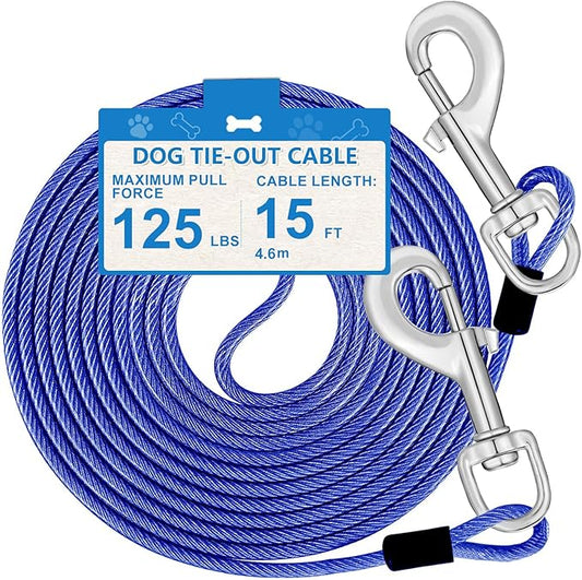 15ft Dog Tie Out Cable, Dog Leash Heavy Duty Tie Out Cable for Large Dogs Up to 125lbs Pull Force, Dogs Runner for Yard Outdoor and Camping, Heavy, Blue