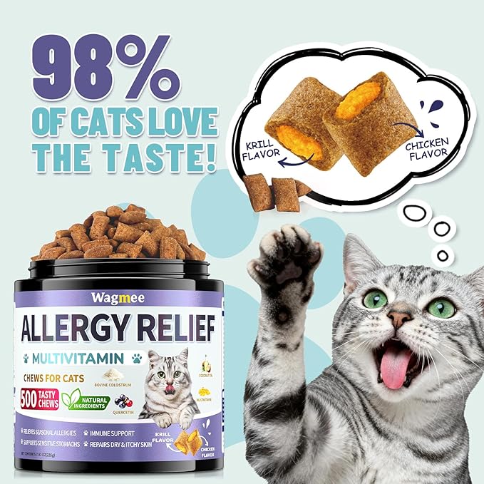 Cat Allergy Relief Chews – 500 Crunchy & Creamy Treats for All Breeds – Cat Itchy Skin & Seasonal Allergy Relief with Multivitamin and Omega-3 for Skin Health, Chicken & Krill Flavor