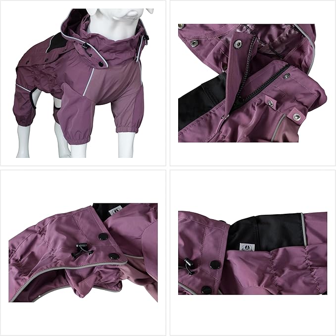 LOVELONGLONG Waterproof Dog Raincoat with Removable Hood – Outdoor Full Body Dog Jacket, Windproof Snowproof Shell Suit – All Season Pet Rain Gear Plum Purple S+