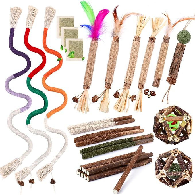 27 Pack Catnip Chew Toys for Cats,Cotton Sisal Rope Toys,Cat Natural Silvervine Sticks,for Cat Teeth Cleaning and Dental Care,Interactive Toy for Bored Indoor Cats