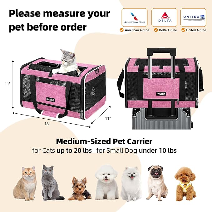 Cat Carrier Soft-Sided 18x11x11 Inch Travel Bag for Medium Cats Over 15lbs, Small Dog Carrier Crate Top Entry Breathable Mesh Puppy 12 Pounds, Pet Rabbit Carrying Cage Kennel Collapsible Pink