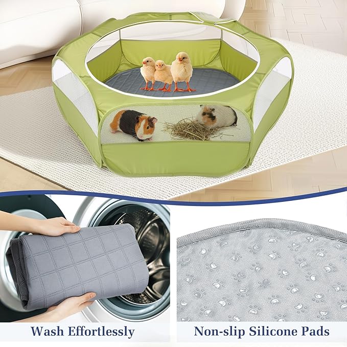 2-in-1 Small Animals Playpen with Pad, Waterproof Small Pet Cage Tent with Reusable Pad, Portable Outdoor Yard Fence with 3 Metal Rod for Chick/Kitten/Puppy/Guinea Pig/Rabbits/Chinchillas, Green