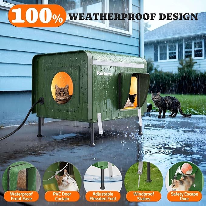 Pawtners Heated Outdoor Cat House for Outside Cats, 19'' Large Insulated Weatherproof Cat Shelter with Heated Pad, Elevated Feet & Escape Door, Warm Kitty House for Feral or Stray Cats in Winter