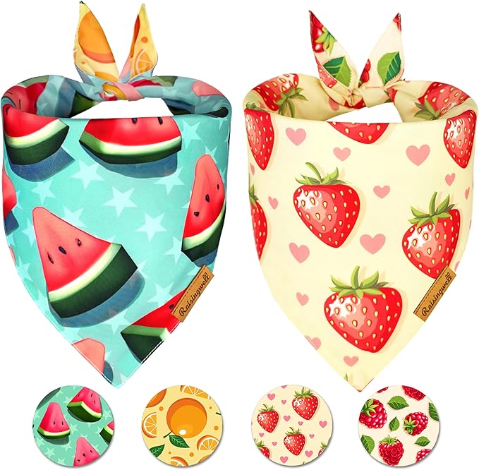 New Summer Fruit Dog Bandanas 2 Pack 4 Pattern Reversible, Holiday Bandana for Boy and Girl, Premium Durable Fabric, Party Triangle Scarf for Medium to Large Breed Dogs (X-Large)