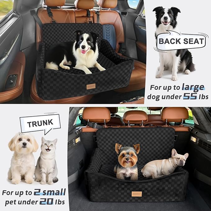 JOEJOY Dog Car Seat for Medium/Large Dogs - Reversible Dual-Sided Travel Dog Car Bed with Memory Foam, Washable Pet Booster Seat for Dogs up to 55 lbs or 2 Small Dogs, 2 Safety Leashes, Black