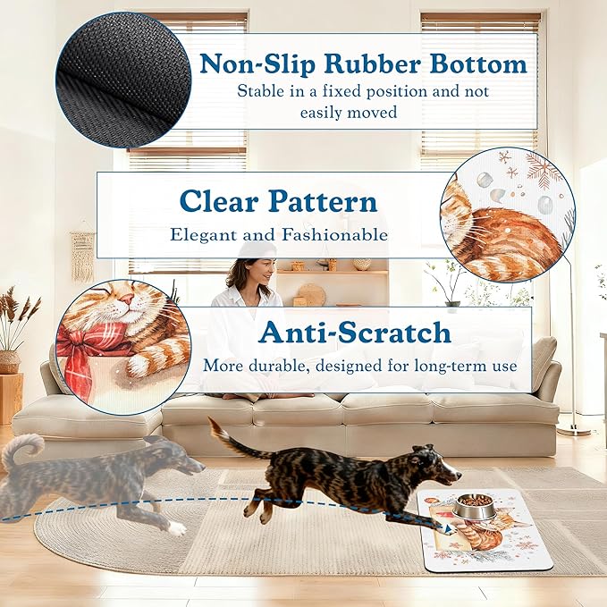 Cat Dog Cat Food Mat–Absorbent Waterproof Placemat for Food and Water Bowls, Non Slip Rubber Backing, Feeding Mat for Clean Floors 16"x24"