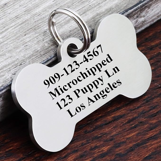 Ultra Joys Custom Personalized Dog ID Tag, Brushed Stainless Steel Bone Dog Tag, Silver, Large