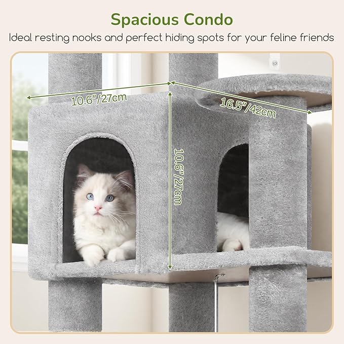 Globlazer Extra Large Platform Cat Tree, 65in Sturdy Cat Tree for Indoor Cats Large Adult, Big Cat Tower for Big Cats with 3 Enlarged Perches, 6 Scratching Posts, Cat Condo, Hammock, S65, Light Grey