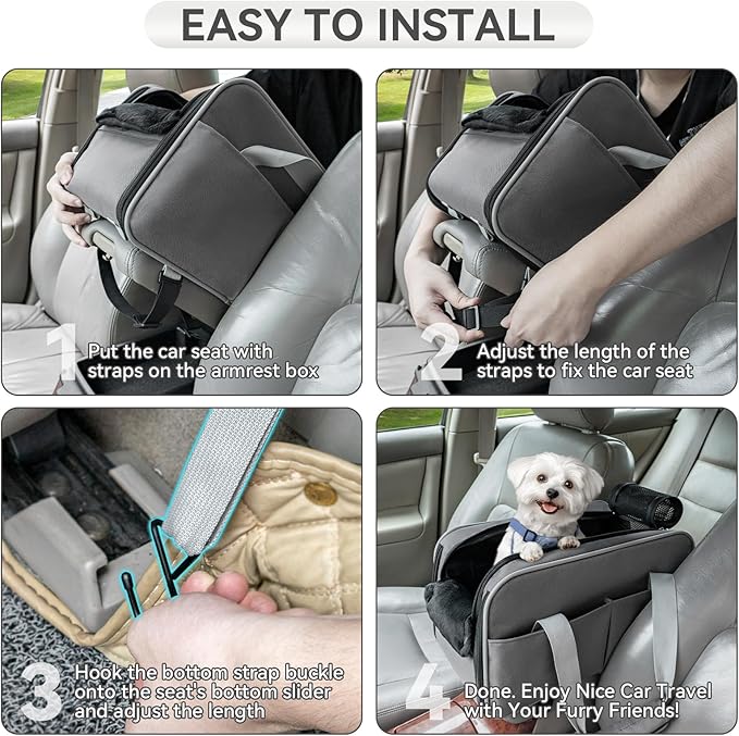 PETSFIT Multipurpose Center Console Dog Car Seat, Airline Approved Dog Car Carrier with Safety Tether and Pockets, Portable Cat Car Seat, Dog Car Seats for Small Dogs, Cats Up to 9 LBS (Deep Grey)