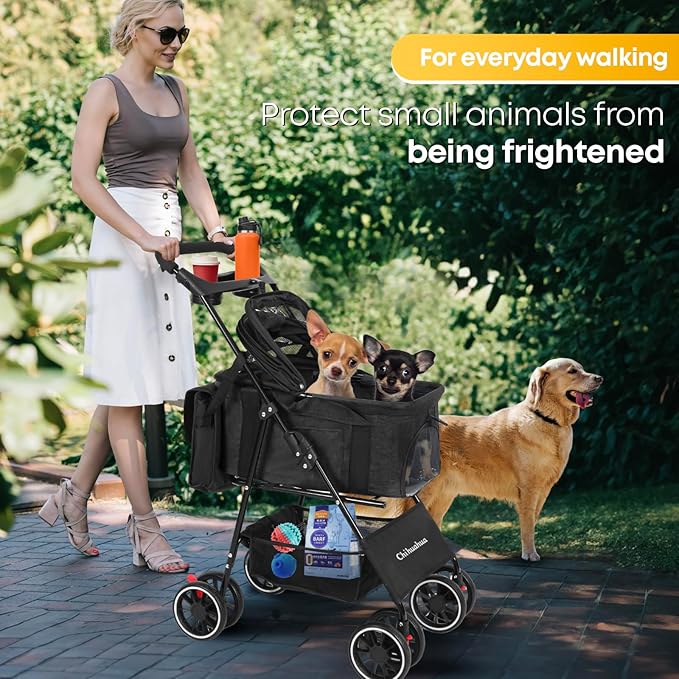 2-in-1 Foldable Pet Stroller with Canopy, 4 Wheels Pet Strolling Cart for Small/Medium Dogs and Cats with Removable Carrier,Breathable Mesh,Mom Tote Bag,Cup Holders,Easy Assembly,Black