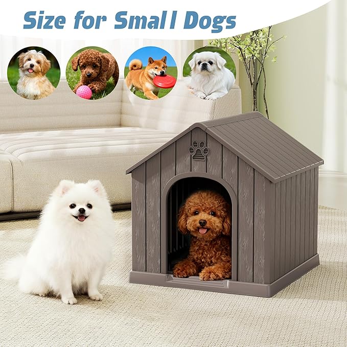 Dog House Outdoor Indoor for Medium Large Dogs, Durable Plastic Waterproof Doghouse with Air Vents and Elevated Floor, Easy Clean and Assemble (Grey, 26.18''L × 24.02''W × 25.98''H)