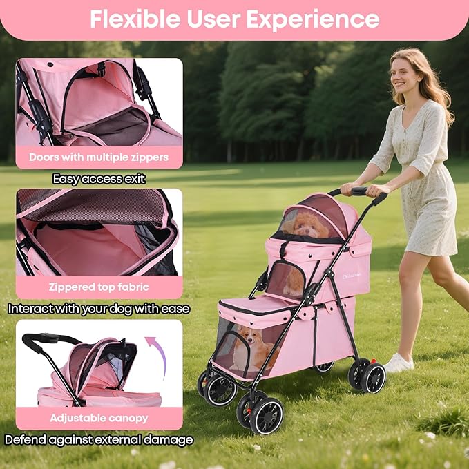 Double Pet Stroller for Dogs and Cats,Cat Strollers for 2 Cats,Double Dog Stroller for 2 Small Medium Dogs,4 Lockable Wheels/Lightweight/Folding,Pink