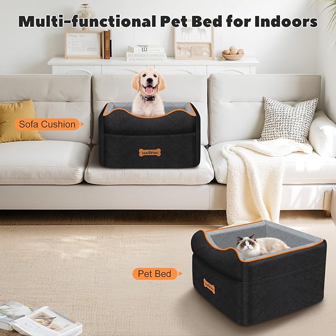 Small Dog Car Seat, Waterproof Dog Booster Seat with Thick Cushion & Safety Leash, Removable Car Back Seat Bed for 1 Small Dogs Under 25lbs, Pet Car Seat for Travel, Black/Gray