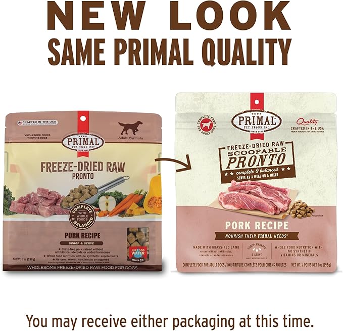 Primal Freeze Dried Dog Food, Pronto Mini Nuggets, Pork; Scoop & Serve, Complete & Balanced Meal; Also Use As Topper or Treat; Premium, Healthy, Grain Free, High Protein Raw Dog Food (16 oz)