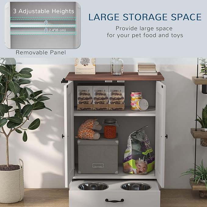 PawHut Pet Feeding Station, Elevated Dog Bowls, Dog Food Storage Cabinet with Hidden Bowls, Adjustable Panel, Hooks for Medium Sized Breed, White