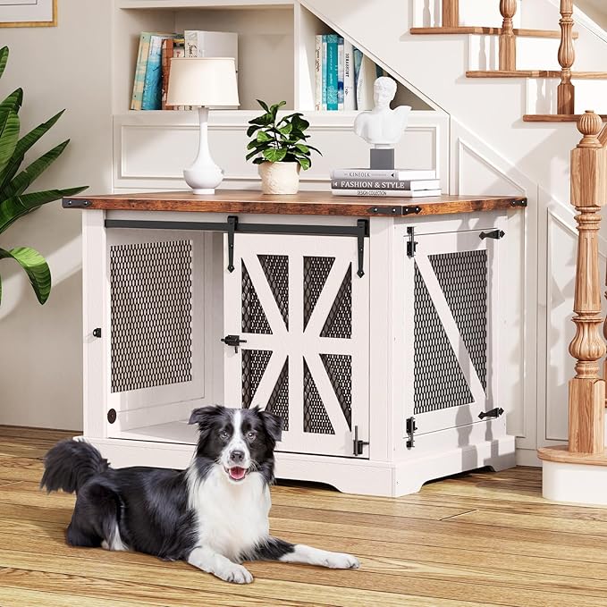 VOPEAK 40" Farmhouse Dog Crate Furniture, Heavy Duty Dog Crate for Medium Large Dogs, Dog Cage Dog Kennel Indoor with Double Doors, Chew Resistant End Table for Bedroom Living Room, White