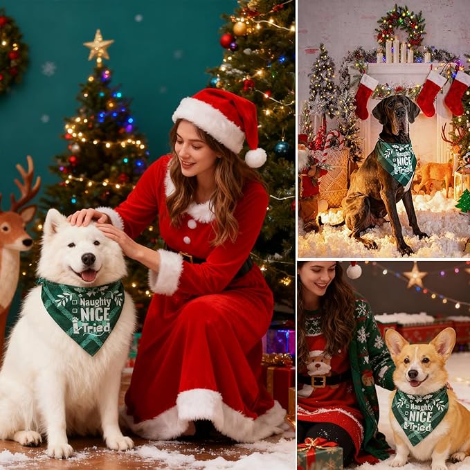 Christmas Dog Bandanas Pets Funny Holiday Costume Gift Xmas Stocking Stuffers - Naughty Nice I Tried, Green Plaid, Medium & Large Breed, 25-75lbs