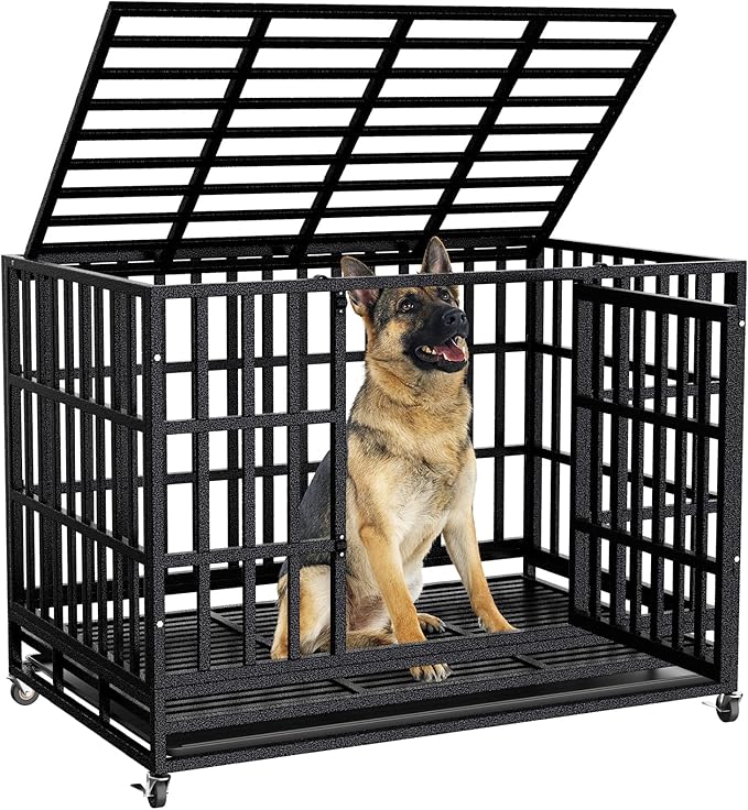 38 Inch Heavy Duty Dog Crate for Large Dogs,Upgraded Escape-Proof Kennel with Chew-Resistant Metal & Reinforced Base, Double Door Cage with Wheels & Removable Tray, Holds Up to 200lbs