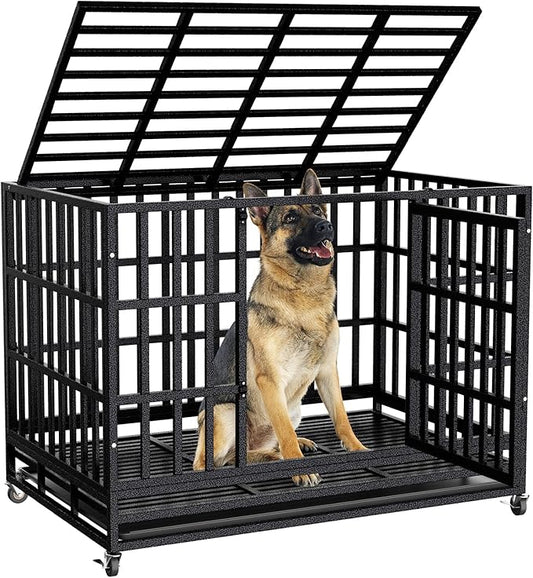 38 Inch Heavy Duty Dog Crate for Large Dogs,Upgraded Escape-Proof Kennel with Chew-Resistant Metal & Reinforced Base, Double Door Cage with Wheels & Removable Tray, Holds Up to 200lbs