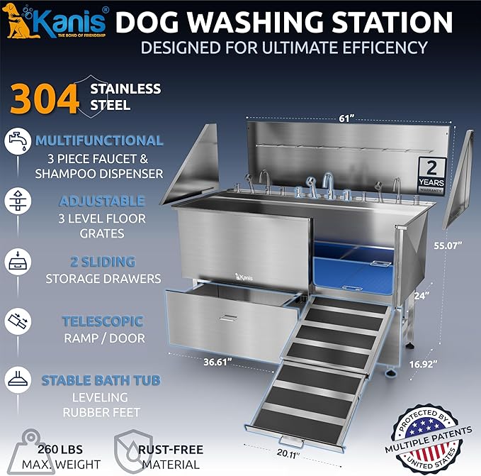 KANIS Professional Dog Washing Station - 304 Stainless Steel Pet Wash Sink & Grooming Bathtub w/Shower, Floor Grates and Storage for Large, Medium & Small Pets (61", 2 Drawers - Right Ramp)