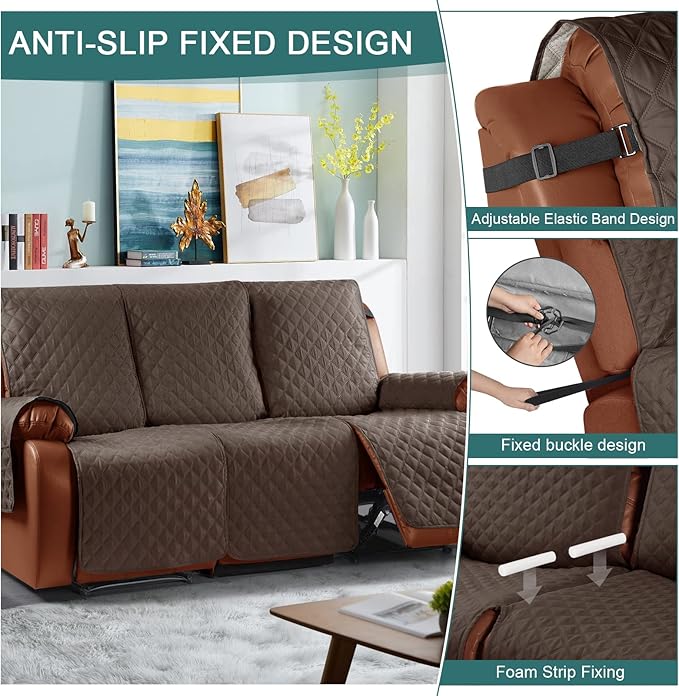 Ruaozz Waterproof Recliner Sofa Cover 1-Piece Couch Covers for Reclining Couches Reclining Sofa Cover Washable Furniture Protector with Elastic Straps Pocket for Kids, Pets (Brown, 3 Seater)