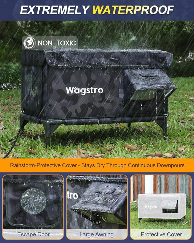 Heated Cat House for Outside, Insulated Weatherproof Heated Outdoor Cat House with Waterproof Eaves & Escape Door, Elevated Outdoor Cat Shelter for Feral Stray Cat (Black Camo, 16.5"x12.6"x16.9")