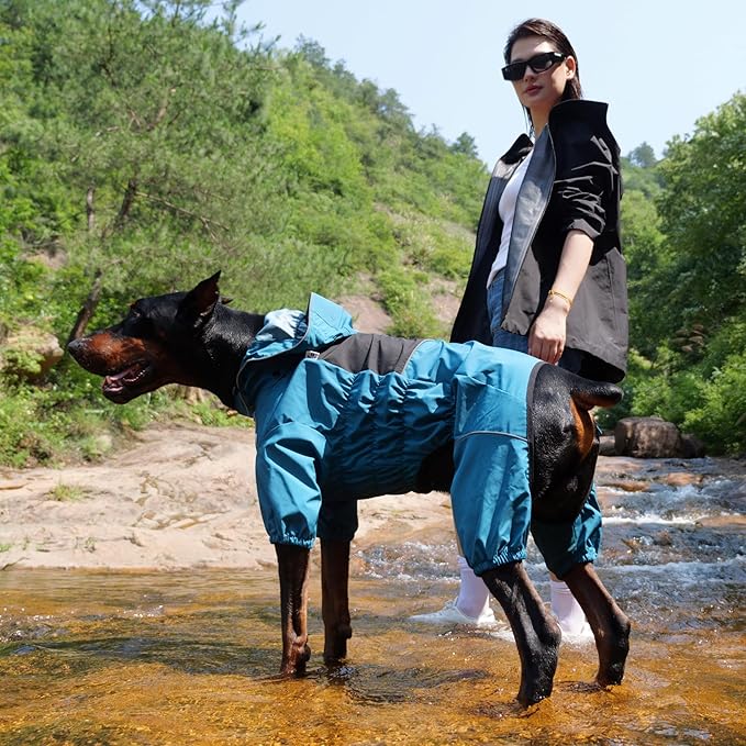 LOVELONGLONG Waterproof Dog Raincoat with Removable Hood – Outdoor Full Body Dog Jacket, Windproof Snowproof Shell Suit – All Season Pet Rain Gear Ocean Teal XS
