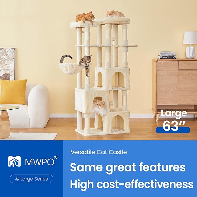 MWPO Large Cat Tree for Indoor Cats, 63-inch Cat Tower with 3 Cat Condos, Scratching Posts, Padded Perches, Hammock, Dangling Toys, Beige