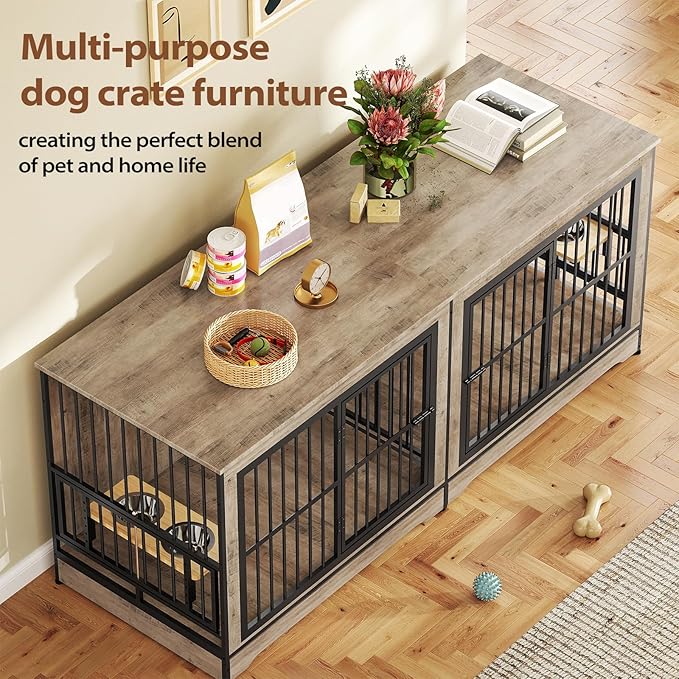 Rovibek 78 Double Dog Crate Furniture for 2 Large Dogs Indoor, Wooden Furniture Dog Crates with Dog Bowl, Dog Kennel Furniture TV Stand Large Breed Grey