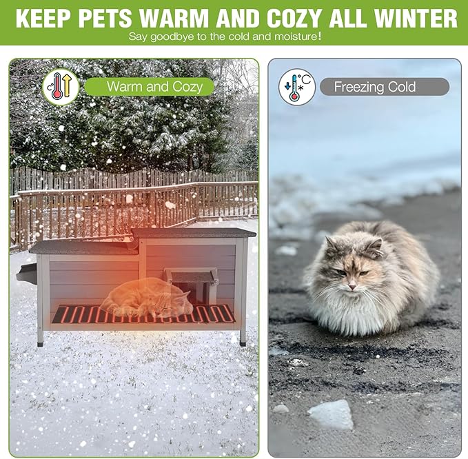 GUTINNEEN Large Heated Cat House Outdoor Insulated Cat House Weatherproof Feral Cat Shelter with Thermostat-Controlled Heating Pad, 6-Sided Thermal Liner for 1-4 Feral Stray Barn Cats (Winter-Ready)