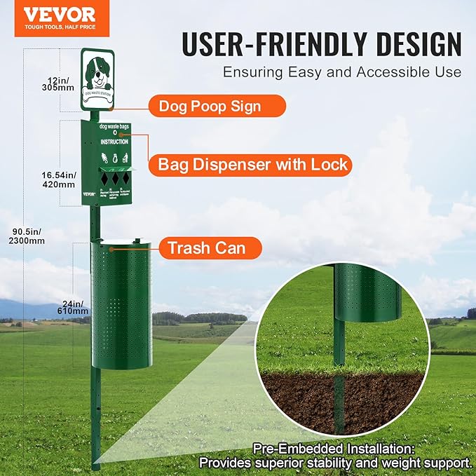 VEVOR Pet Waste Bin, 11.5 Gallon Dog Poop Station with 50 Liners & 600 Bags, Outdoor Dog Waste Disposal System