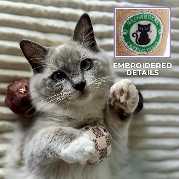 Vuiton Checker Balls + Meowbucks Catpuccino Set, Plush Cat Toys Catnip Filled with Interactive Crackle Sound, Safe & Durable Toys for Cat & Kitten, 5 Pcs