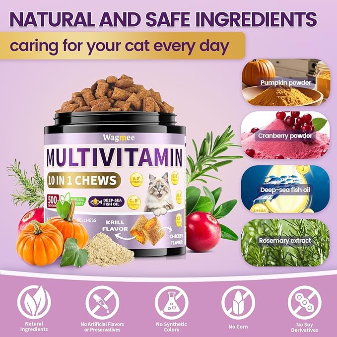 Cat Multivitamin with Fish Oil, 500 Crunchy & Creamy Chews - 10 In 1 Vitamins Supports Energy, Bone, Joint, Skin & Coat Health - with Omega 3s, Taurine, Biotin for Cat All Breeds & Ages - Krill Flavor