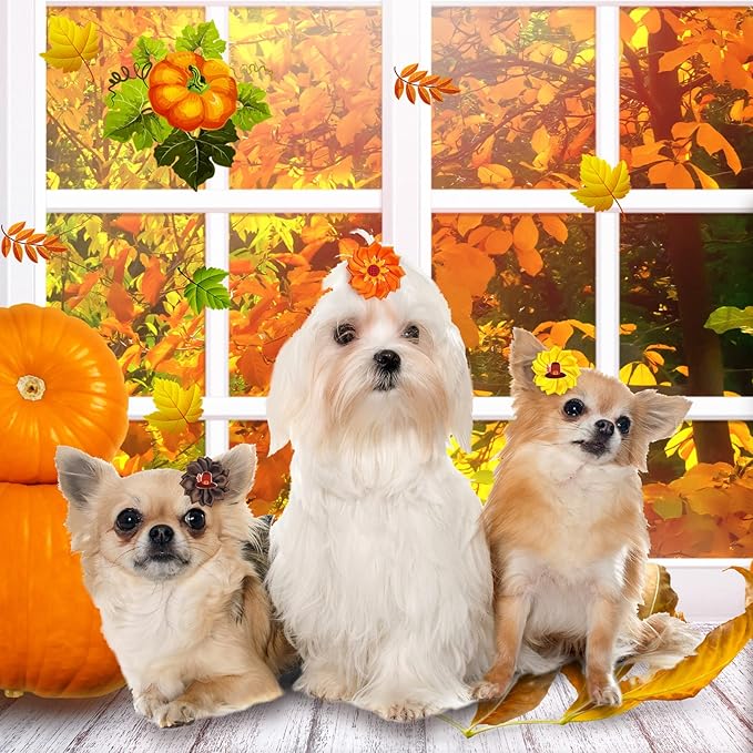 Sadnyy 60 Pack Thanksgiving Dog Hair Bows Fall Dog Flower Bows with Rubber Bands Thanksgiving Puppy Grooming Hair Accessories Pumpkin Turkey Pattern for Holiday Puppy Cats Pets Accessories
