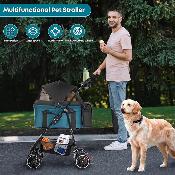 2-in-1 Foldable Pet Stroller with Canopy, 4 Wheels Pet Strolling Cart for Small/Medium Dogs and Cats with Removable Carrier,Breathable Mesh,Mom Tote Bag,Cup Holders,Easy Assembly,Black+Green