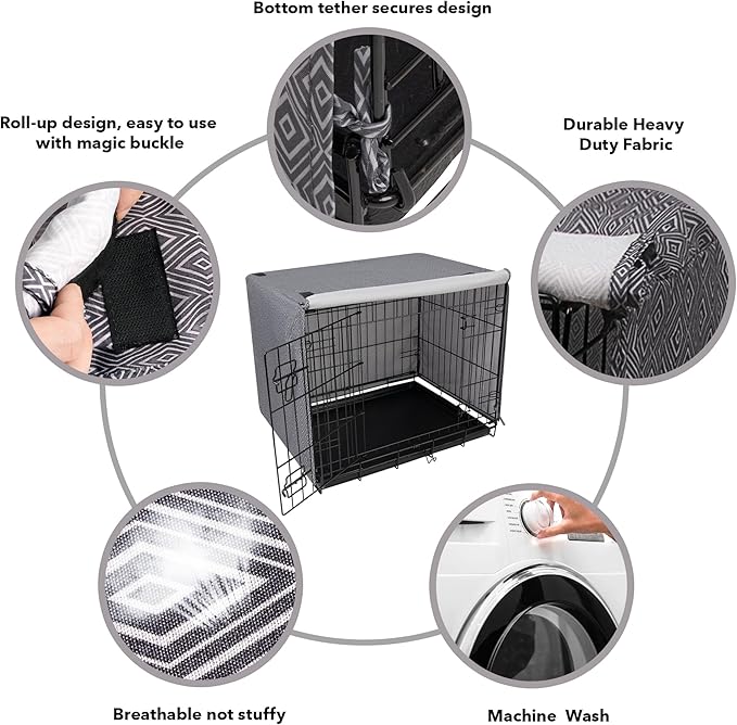 PetPrime Breathable Polyester Indoor Dog Crate Kennel Cover Durable Double Door Fit for 24-48 inches Wire Dog Crate Dog-Cover Only 48inch(48"x30"x33")