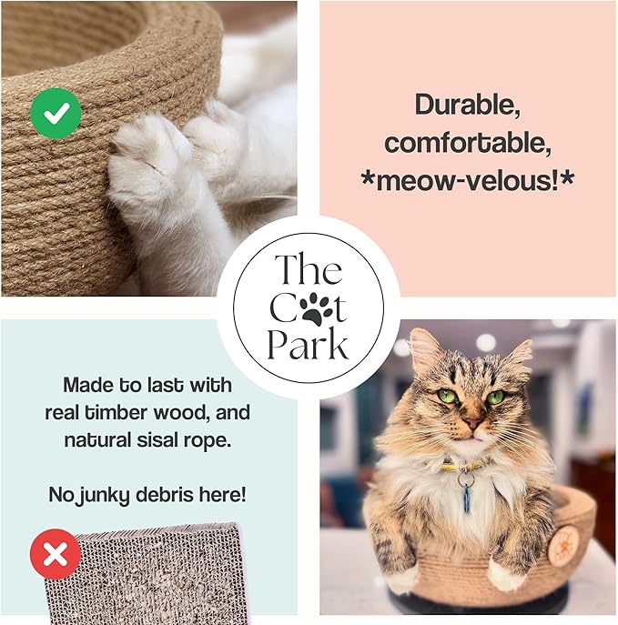 Da Bowl – 2-in-1 Sisal Cat Scratcher Bed with Catnip & Solid Wood Base for Indoor Cats, Round Scratching Nest, Jute Scratching Lounge Couch, Durable Pre-Assembled Cat Furniture, 13.8x5.9