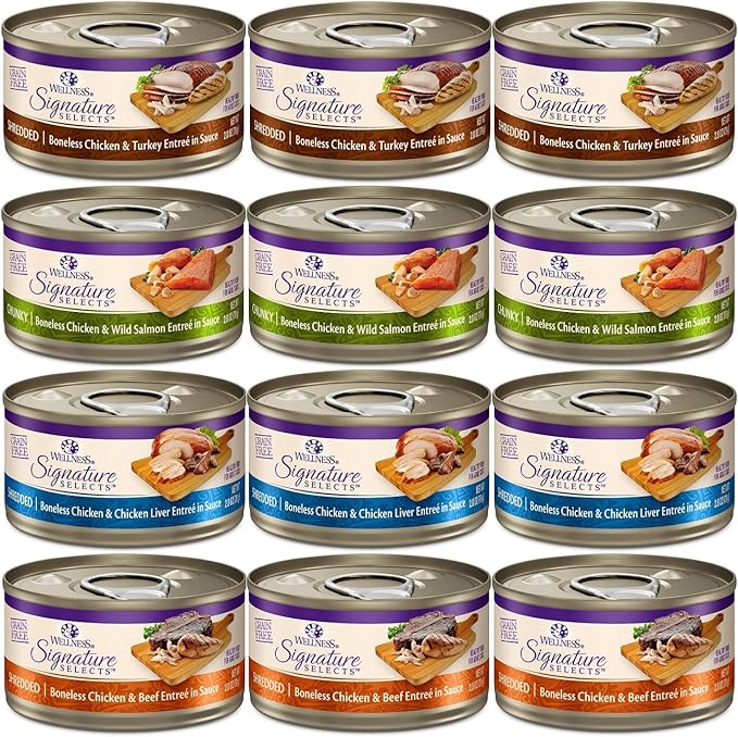 Wellness Signature Grain Free Wet Cat Food Variety - 4 Flavors Pack (12 Cans) with Lid: Chicken, Liver, Salmon & Turkey (2.82oz)