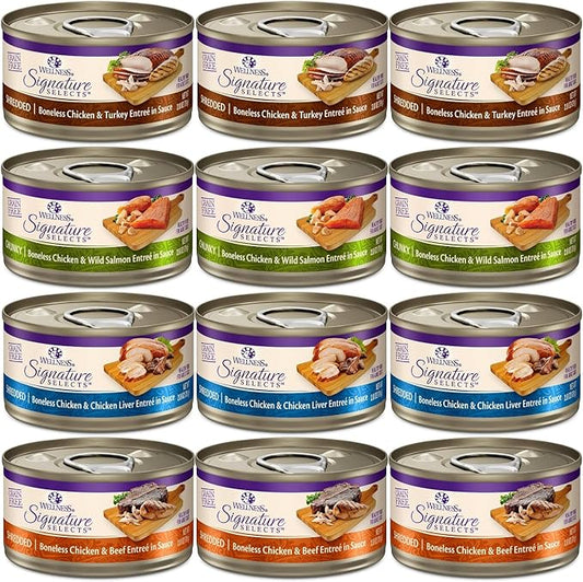 Wellness Signature Grain Free Wet Cat Food Variety - 4 Flavors Pack (12 Cans) with Lid: Chicken, Liver, Salmon & Turkey (2.82oz)