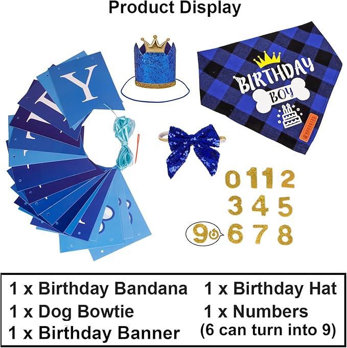 ADOGGYGO Dog Birthday Hat Bandana - Navy Blue Birthday Boy Dog Bandana Pet Party Hat with Numbers Bow and Happy Birthday Banner Set (X-Large)