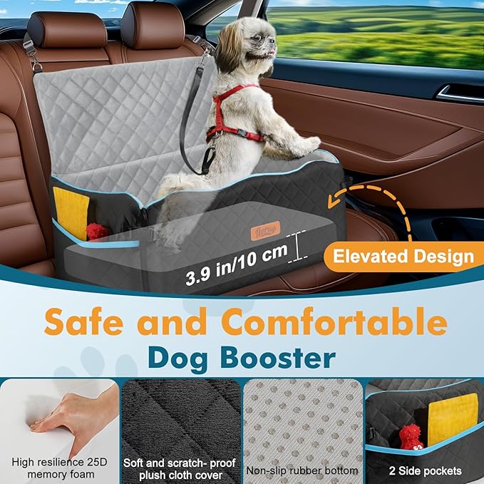 Large Dog Car Seat, Dog Car Bed for Large Dogs Under 60 lbs or 2 Small Breeds, Comfortable Pet Booster Seat with Memory Foam Thick Cushion, Detachable & Washable Pet Bed for Backseat, Black+Grey