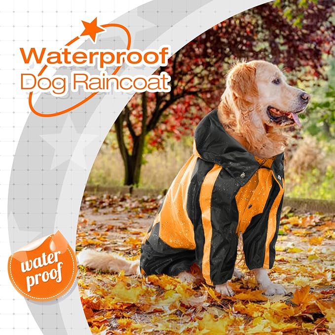 Dog Raincoat, Lightweight Rain Jacket, Adjustable 4-Legs Pet Poncho with Hood, Snow-Proof Dog Vest Rainwear, Rain Clothes Apparel with Leash Hole